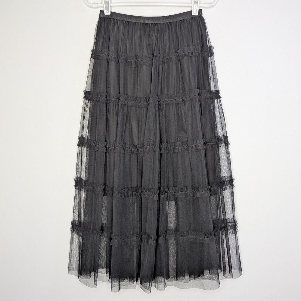 Goodnight Macaroon Black Ruffle Layered Mesh Midi Skirt S/M
